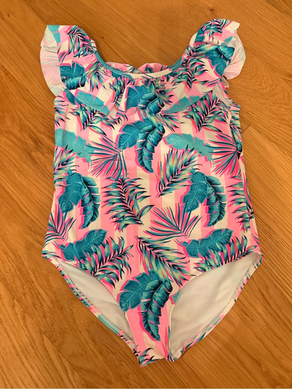 Kids Tropical Leaf One-Piece Swimsuit in Pink & Teal
